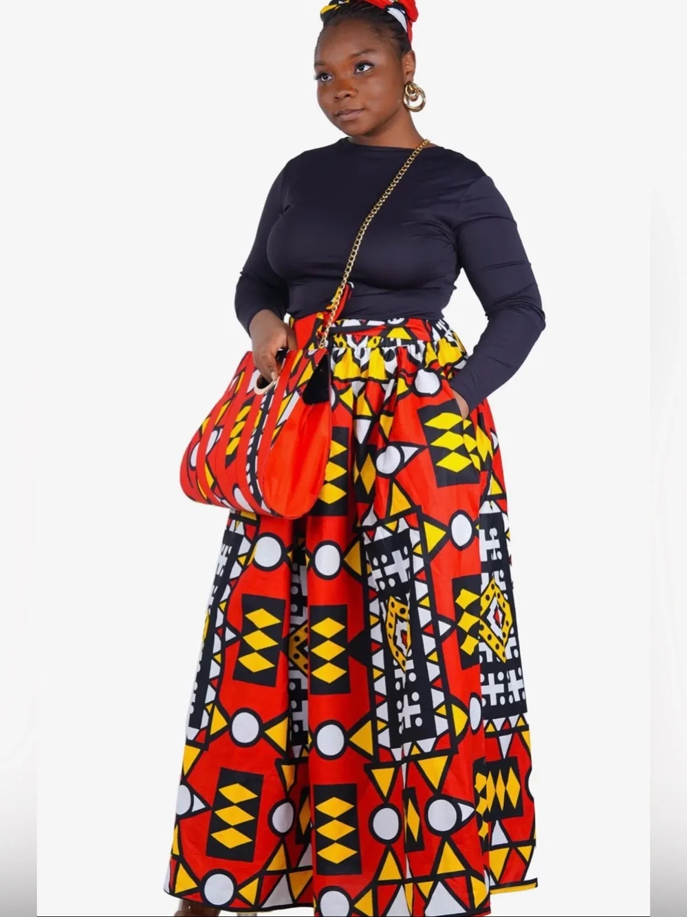African Print Maxi Skirt, Handbag & Headwrap Set